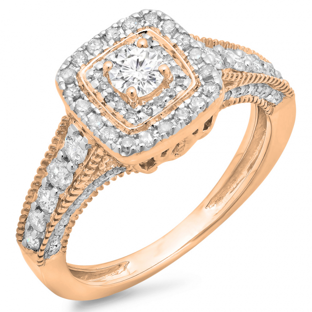 0.90 Carat (ctw) 10K Rose Gold Round Cut White Diamond Ladies Bridal Vintage Halo Style Engagement Ring