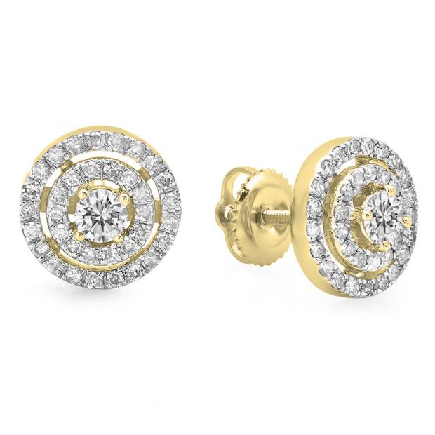 0.70 Carat (ctw) 10K Yellow Gold Round Cut White Diamond Ladies Circle Halo Stud Earrings 3/4 CT