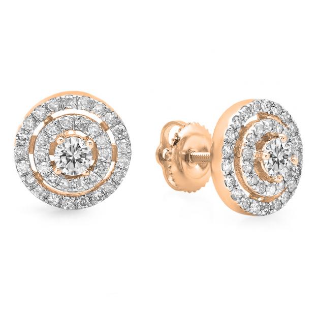 0.70 Carat (ctw) 18K Rose Gold Round Cut White Diamond Ladies Circle Halo Stud Earrings 3/4 CT