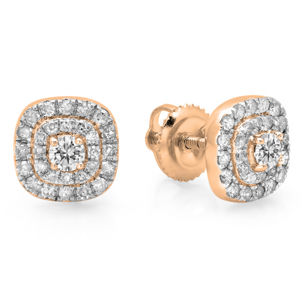 0.55 Carat (ctw) 14K Rose Gold Round Cut White Diamond Ladies Square Frame Halo Stud Earrings 1/2 CT