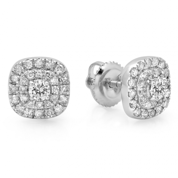 0.55 Carat (ctw) 18K White Gold Round Cut White Diamond Ladies Square Frame Halo Stud Earrings 1/2 CT