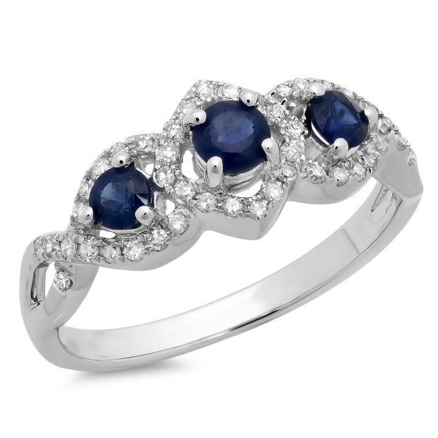 0.85 Carat (ctw) 10K White Gold Round Blue Sapphire & White Diamond Ladies Bridal Split Shank Vintage 3 Stone Engagement Ring