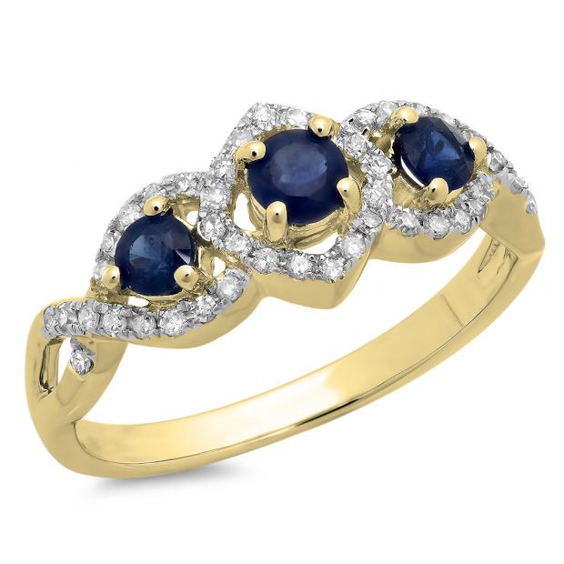 0.85 Carat (ctw) 14K Yellow Gold Round Blue Sapphire & White Diamond Ladies Bridal Split Shank Vintage 3 Stone Engagement Ring