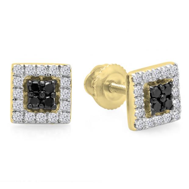0.25 Carat (ctw) 14K Yellow Gold Round Cut Black & White Diamond Square Shaped Stud Earrings 1/4 CT
