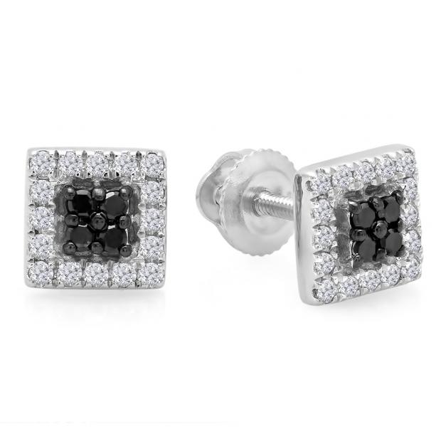 0.25 Carat (ctw) 18K White Gold Round Cut Black & White Diamond Square Shaped Stud Earrings 1/4 CT
