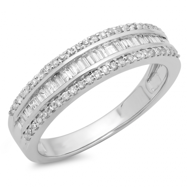0.60 Carat (ctw) 10K White Gold Round & Baguette Diamond Ladies Bridal Anniversary Wedding Band Ring