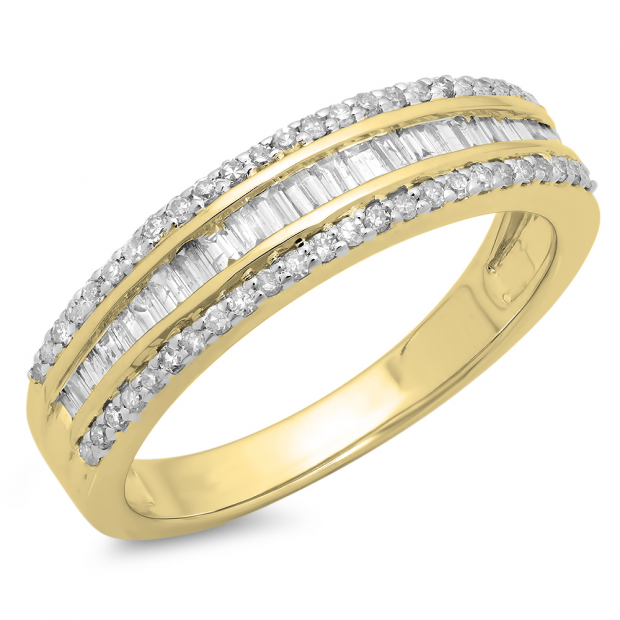 0.60 Carat (ctw) 10K Yellow Gold Round & Baguette Diamond Ladies Bridal Anniversary Wedding Band Ring