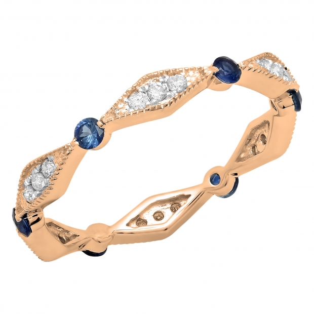 0.50 Carat (ctw) Round Blue Sapphire And Diamond Ladies Vintage Eternity Band Ring 1/2 CT 10K Rose Gold
