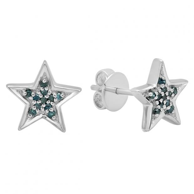 0.10 Carat (ctw) Round Blue Diamond Ladies Star Shape Fashion Stud Earrings 1/10 CT Sterling Silver