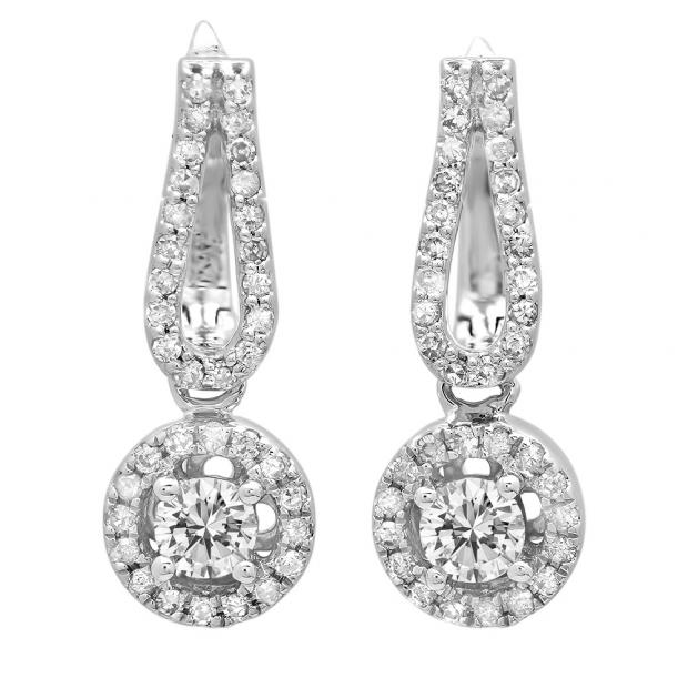 0.60 Carat (ctw) 10K White Gold Round White Diamond Ladies Halo Style Dangling Drop Earrings