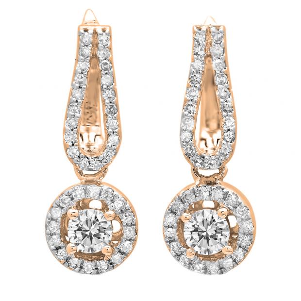0.60 Carat (ctw) 14K Rose Gold Round White Diamond Ladies Halo Style Dangling Drop Earrings