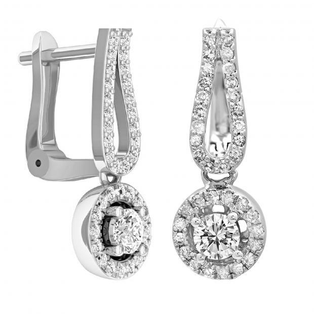 0.60 Carat (ctw) 14K White Gold Round White Diamond Ladies Halo Style Dangling Drop Earrings