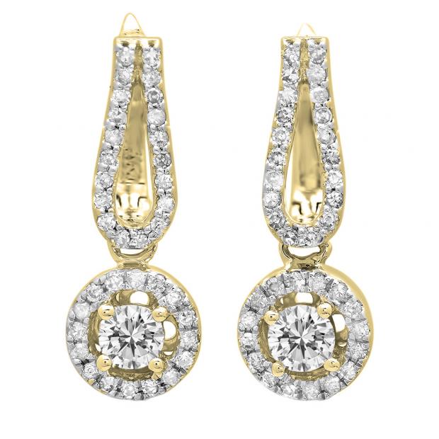 0.60 Carat (ctw) 18K Yellow Gold Round White Diamond Ladies Halo Style Dangling Drop Earrings