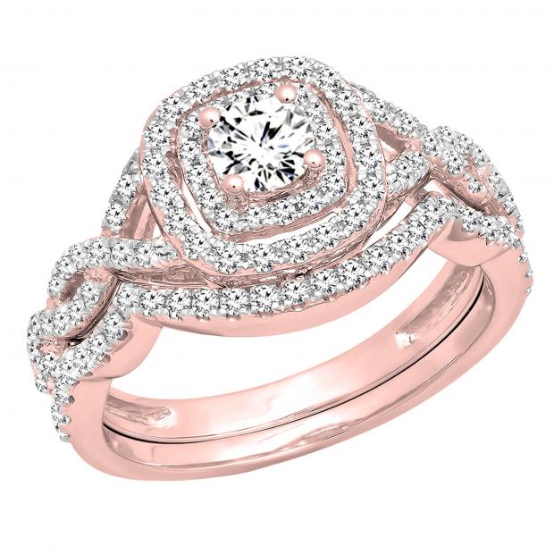 1.00 Carat (ctw) 10K Rose Gold Round Cut White Diamond Ladies Swirl Bridal Split Shank Halo Engagement Ring With Matching Band Set 1 CT