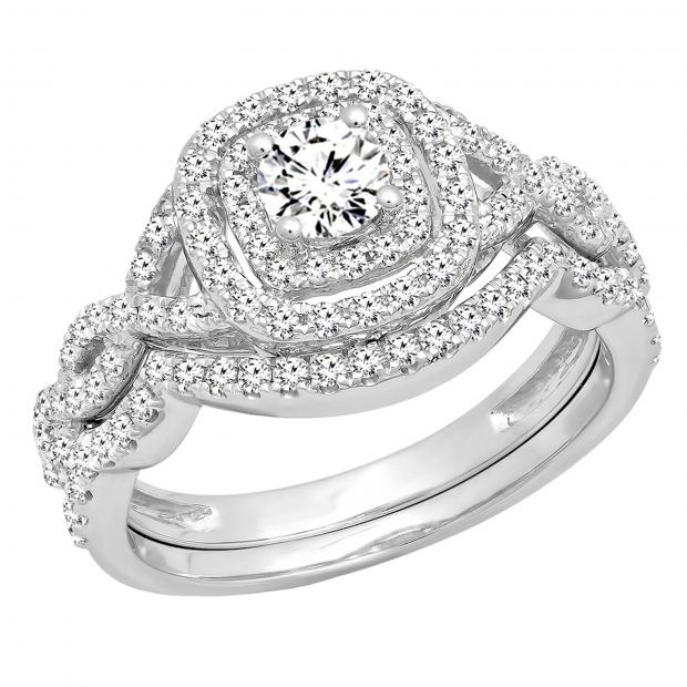 1.00 Carat (ctw) 10K White Gold Round Cut White Diamond Ladies Swirl Bridal Split Shank Halo Engagement Ring With Matching Band Set 1 CT