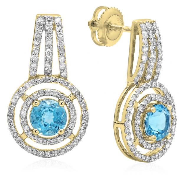 2.30 Carat (ctw) 14K Yellow Gold Round Cut Blue Topaz & White Diamond Ladies Halo Style Drop Earrings