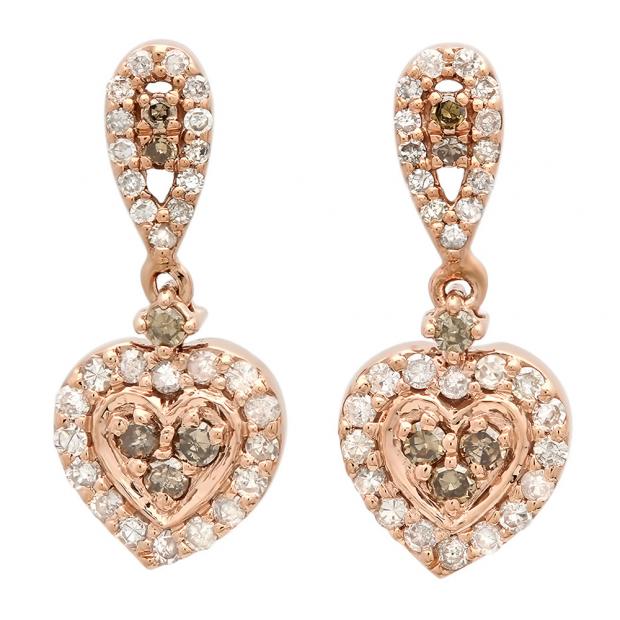 0.50 Carat (ctw) 10K Rose Gold Round Champagne & White Diamond Ladies Heart Dangling Earrings 1/2 CT