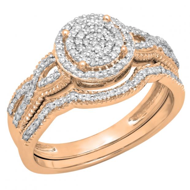 0.40 Carat (ctw) 10K Rose Gold Round White Diamond Ladies Micro Pave Swirl Split Shank Engagement Ring Set