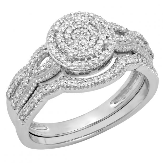 0.40 Carat (ctw) 10K White Gold Round White Diamond Ladies Micro Pave Swirl Split Shank Engagement Ring Set
