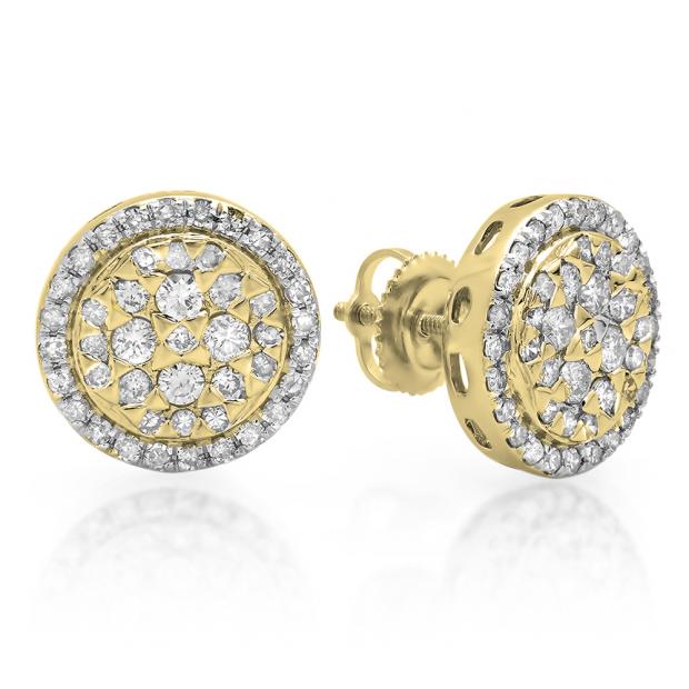 0.90 Carat (ctw) 18K Yellow Gold Round White Diamond Ladies Circle Cluster Flower Stud Earrings
