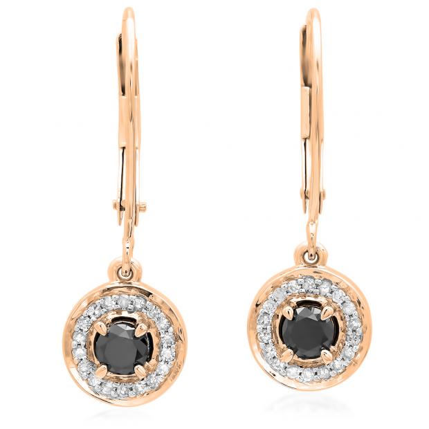 0.50 Carat (ctw) 10K Rose Gold Round Cut Black & White Diamond Ladies Halo Style Dangling Drop Earrings 1/2 CT