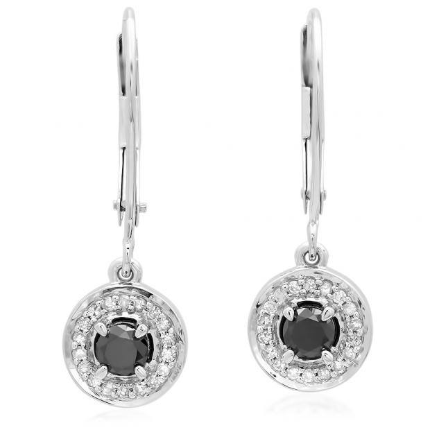 0.50 Carat (ctw) 14K White Gold Round Cut Black & White Diamond Ladies Halo Style Dangling Drop Earrings 1/2 CT