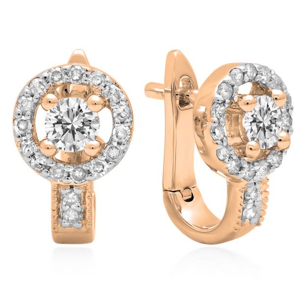0.50 Carat (ctw) 18K Rose Gold Round White Diamond Ladies Halo Style Hoop Earrings 1/2 CT