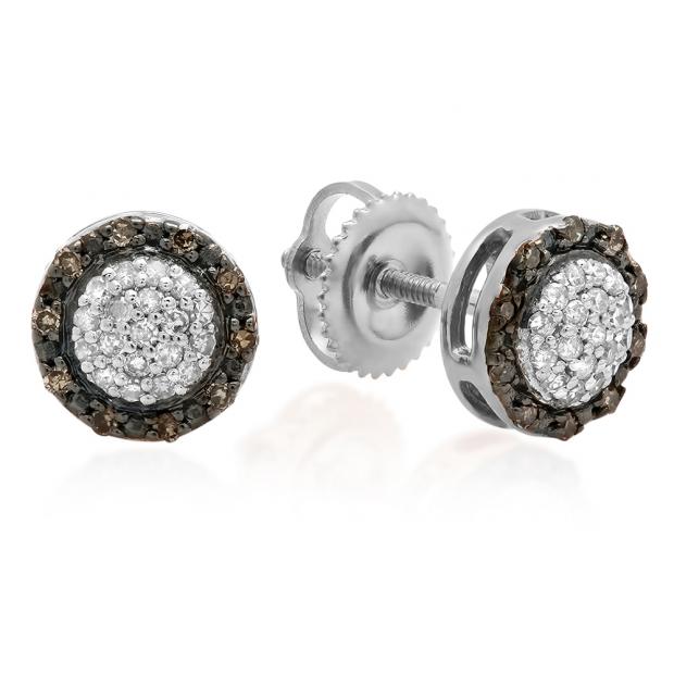 0.25 Carat (ctw) 10K White Gold Round Champagne & White Diamond Ladies Cluster Style Stud Earrings 1/4 CT