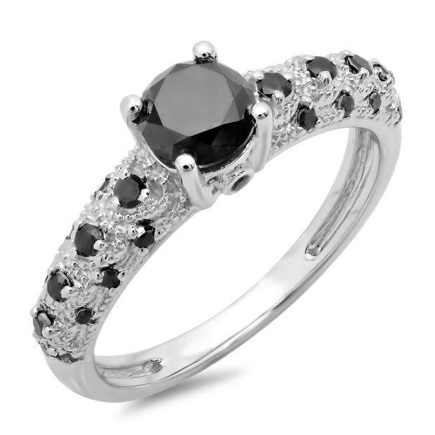 1.15 Carat (ctw) 10K White Gold Round Cut Black Diamond Ladies Bridal Vintage & Antique Engagement Ring