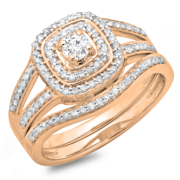 0.60 Carat (ctw) 10K Rose Gold Round Cut Diamond Ladies Bridal Split Shank Halo Engagement Ring With Matching Band Set