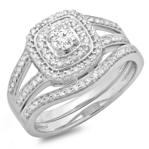 0.60 Carat (ctw) 14K White Gold Round Cut Diamond Ladies Bridal Split Shank Halo Engagement Ring With Matching Band Set
