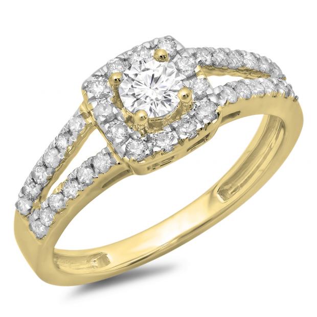 0.75 Carat (ctw) 10K Yellow Gold Round Cut White Diamond Ladies Bridal Split Shank Halo Style Engagement Ring 3/4 CT