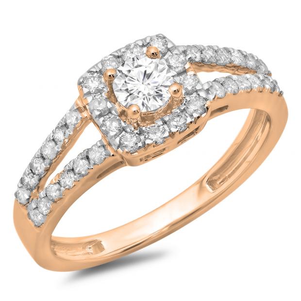 0.75 Carat (ctw) 14K Rose Gold Round Cut White Diamond Ladies Bridal Split Shank Halo Style Engagement Ring 3/4 CT