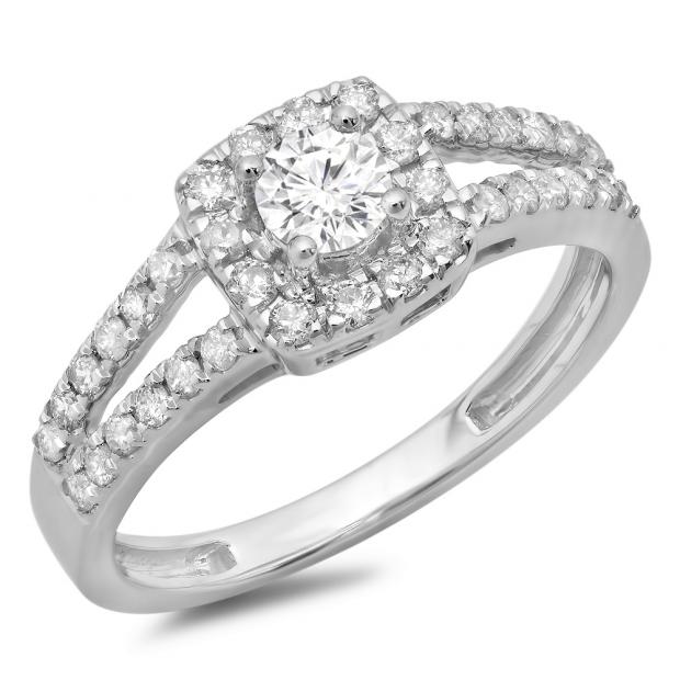 0.75 Carat (ctw) 14K White Gold Round Cut White Diamond Ladies Bridal Split Shank Halo Style Engagement Ring 3/4 CT