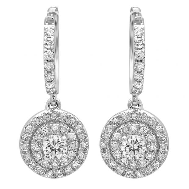 0.70 Carat (ctw) 10K White Gold Round White Diamond Ladies Halo Style Dangling Earrings 3/4 CT