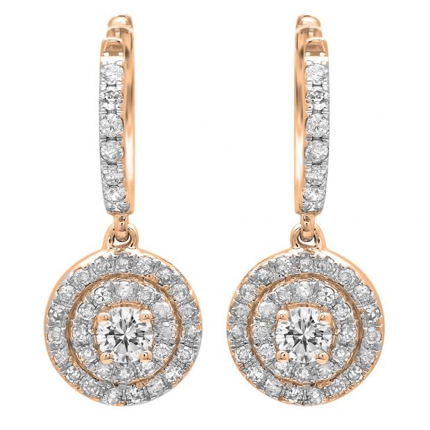 0.70 Carat (ctw) 14K Rose Gold Round White Diamond Ladies Halo Style Dangling Earrings 3/4 CT