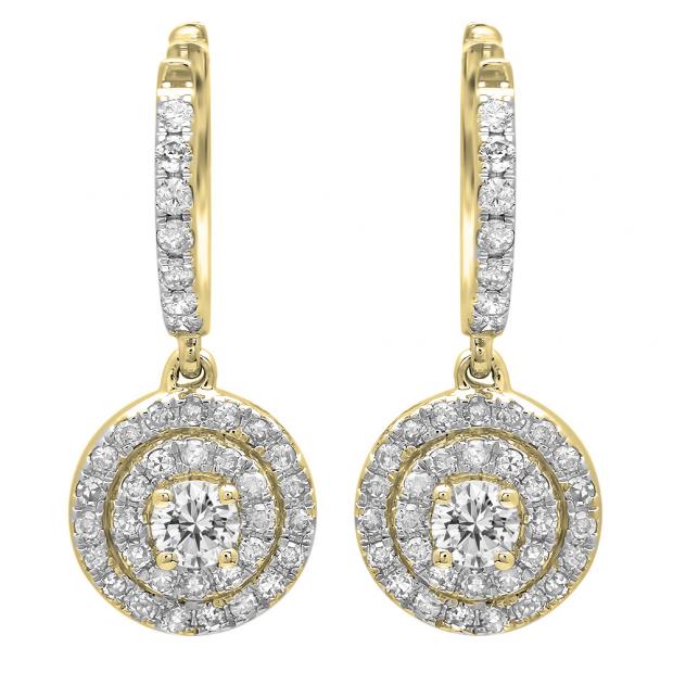 0.70 Carat (ctw) 14K Yellow Gold Round White Diamond Ladies Halo Style Dangling Earrings 3/4 CT