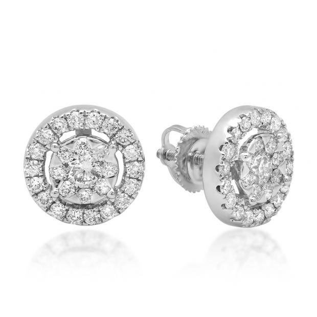 1.15 Carat (ctw) 10K White Gold Round Cut White Diamond Ladies Cluster Style Stud Earrings