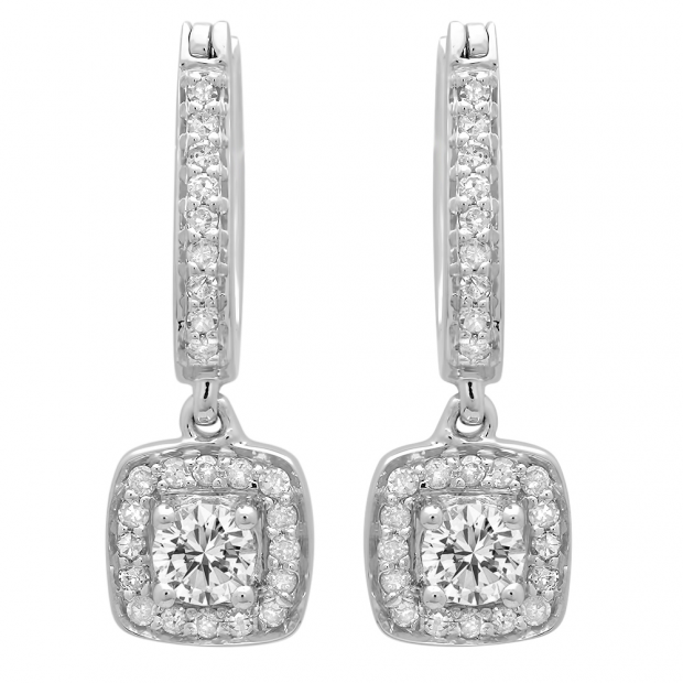 0.50 Carat (ctw) 10K White Gold Round White Diamond Ladies Halo Style Dangling Earrings 1/2 CT