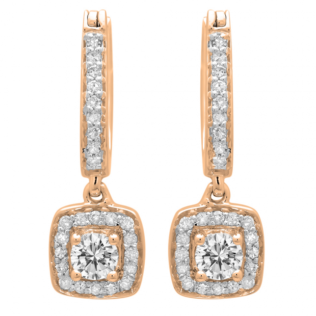 0.50 Carat (ctw) 14K Rose Gold Round White Diamond Ladies Halo Style Dangling Earrings 1/2 CT