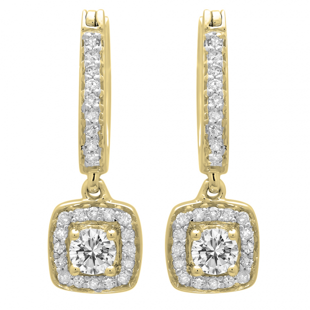 0.50 Carat (ctw) 14K Yellow Gold Round White Diamond Ladies Halo Style Dangling Earrings 1/2 CT
