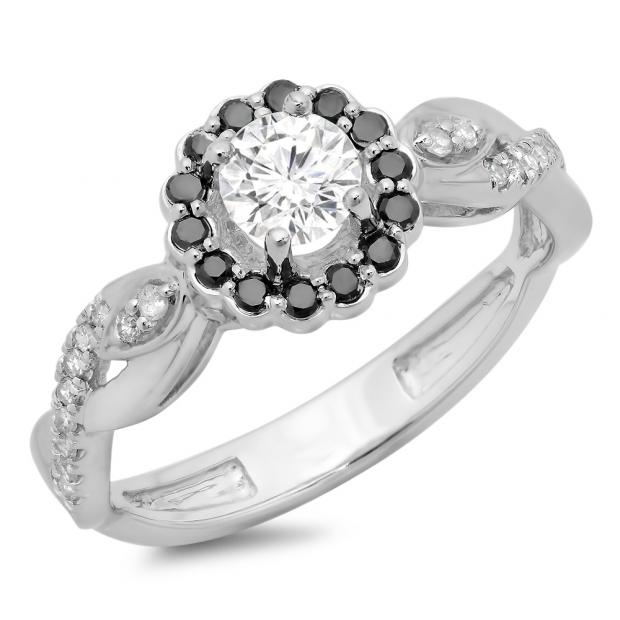 0.75 Carat (ctw) 14K White Gold Round Cut Black & White Diamond Ladies Bridal Swirl Split Shank Halo Engagement Ring 3/4 CT
