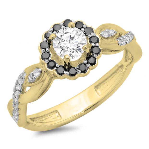 0.75 Carat (ctw) 14K Yellow Gold Round Cut Black & White Diamond Ladies Bridal Swirl Split Shank Halo Engagement Ring 3/4 CT