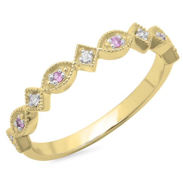 0.10 Carat (ctw) 10K Yellow Gold Round Pink Sapphire & Diamond Ladies Vintage Style Milgrain Stackable Wedding Band 1/10 CT