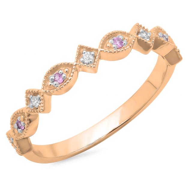 0.10 Carat (ctw) 14K Rose Gold Round Pink Sapphire & Diamond Ladies Vintage Style Milgrain Stackable Wedding Band 1/10 CT