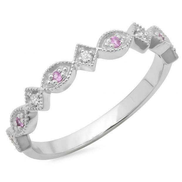 0.10 Carat (ctw) 18K White Gold Round Pink Sapphire & Diamond Ladies Vintage Style Milgrain Stackable Wedding Band 1/10 CT