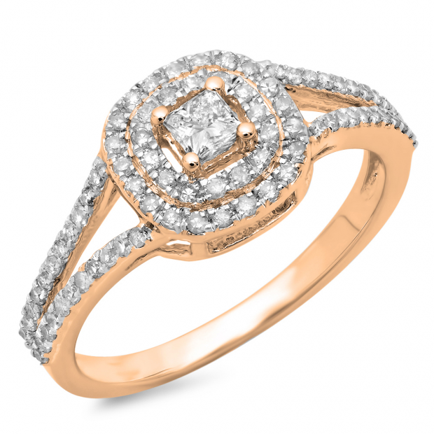 0.55 Carat (ctw) 14K Rose Gold Princess & Round Cut Diamond Ladies Split Shank Vintage Style Bridal Halo Engagement Ring 1/2 CT