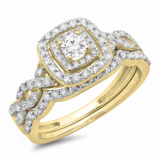 0.95 Carat (ctw) 14K Yellow Gold Round Cut White Diamond Ladies Swirl Bridal Split Shank Halo Engagement Ring With Matching Band Set 1 CT