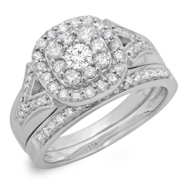 1.10 Carat (ctw) 10K White Gold Round Cut Diamond Ladies Split Shank Cluster Style Engagement Ring With Matching Band Set 1 CT
