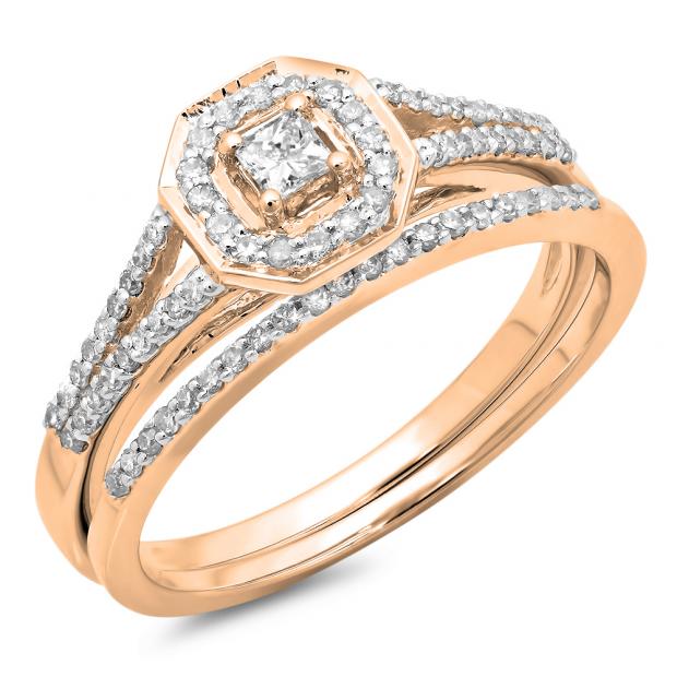 0.40 Carat (ctw) 10K Rose Gold Princess & Round Cut Diamond Ladies Split Shank Halo Bridal Engagement Ring With Matching Band Set